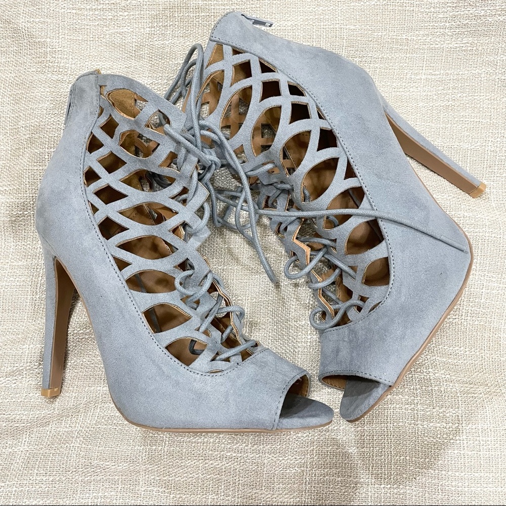Qupid Dusty Blue Strappy Faux Suede Heels Size 8